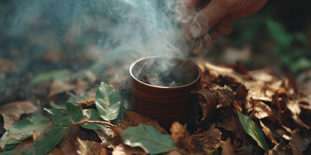 Cup of hot tea with steam in the autumn forest. Hot drink in the forest.の素材