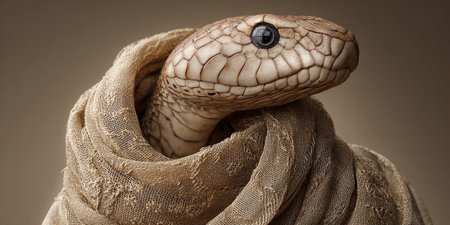 snake wrapped in a scarf on a brown background, close-upの素材