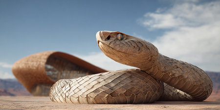 3d rendering of a cobra in the desert under a blue skyの素材