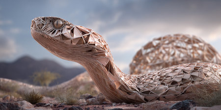 3d rendering of a snake in the desert at sunset with mountains in the backgroundの素材