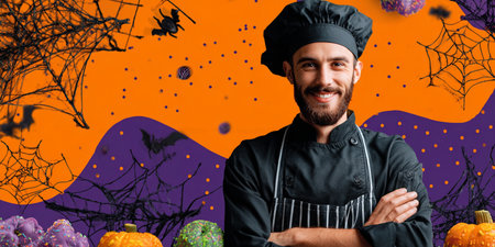 cheerful bearded man in black apron and chef hat standing with crossed arms and looking at camera on Halloween backgroundの素材