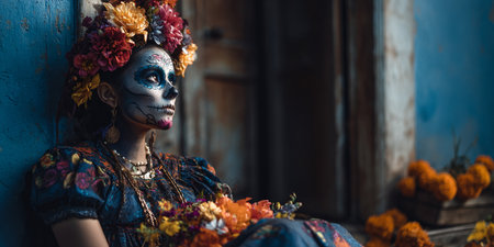 Mexican sugar skull woman with colorful make up and flower wreath on her head.の素材