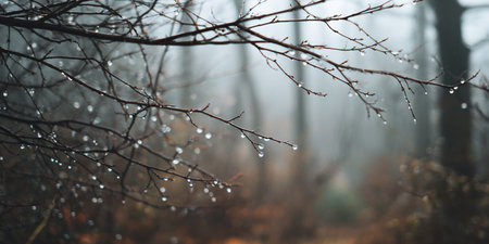 Foggy misty forest with raindrops on tree branches.の素材