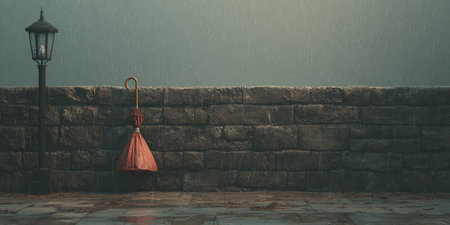 3d rendering of a red umbrella on the stone wall in the rainの素材