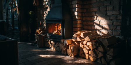 Fireplace with wooden logs in the attic of an old house.の素材