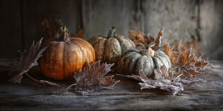 Autumn still life with pumpkins and dry leaves on wooden backgroundの素材