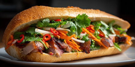 Baguette sandwich with smoked duck breast, vegetables and parsleyの素材