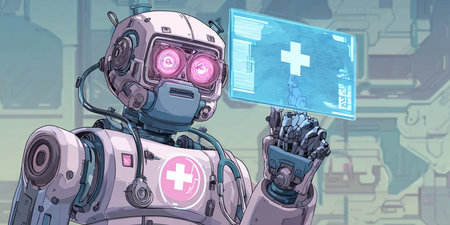 Vector illustration of a robot holding a medical card in his hand.の素材