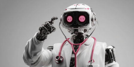 Robot doctor with stethoscope on gray background. 3d renderingの素材
