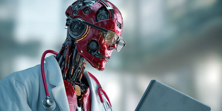 Cyborg doctor with a laptop computer. 3d rendering image.の素材