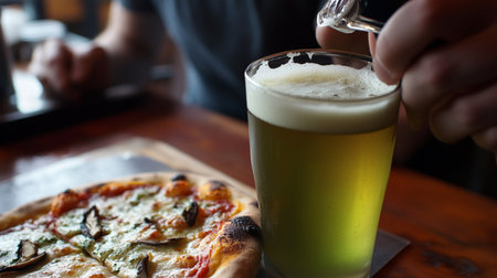 Pizza and beer on a wooden table in a pub or restaurantの素材