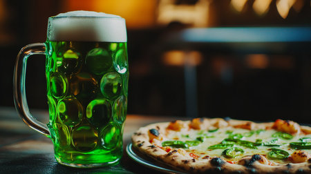 Pizza and beer on a table in a pub. Restaurant.の素材