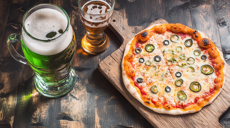 Pizza and beer on wooden table. Top view with copy spaceの素材