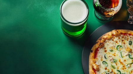 Pizza and beer on a green background, top view, copy spaceの素材