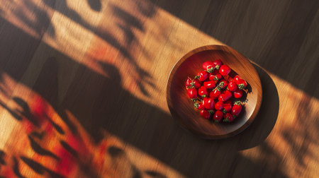 Fresh cherry tomatoes in a wooden bowl on a wooden table in sunlightの素材