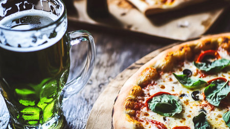 Pizza with mozzarella, tomato, basil and beer.の素材