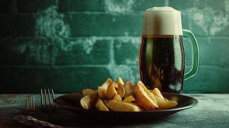 Frosty glass of beer with potato wedges on dark backgroundの素材