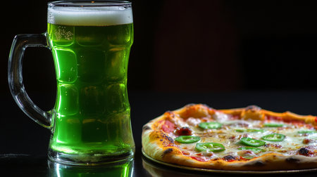 Pizza and beer on a black background. Alcoholic drink.の素材