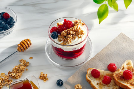 Healthy breakfast with yogurt, granola and berries on white marble tableの素材