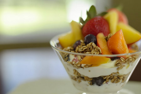 Granola with fresh fruits and yogurt in a glass bowl.の素材
