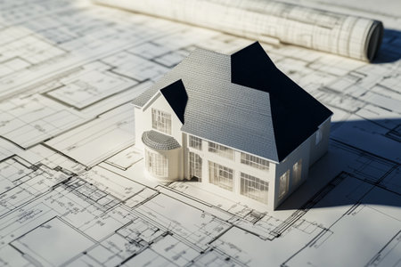 House model on blueprints. Real estate concept. 3d renderingの素材