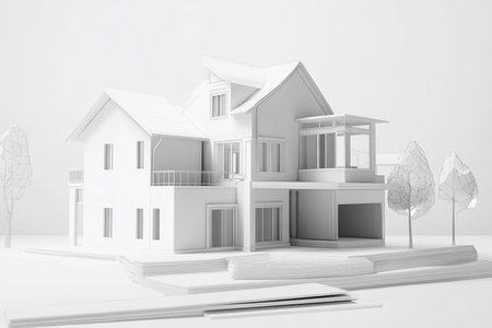 3D rendering of a white modern house on a white background.の素材