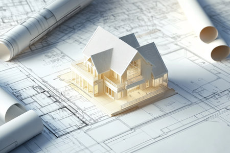 House model and rolls of blueprints, architectural concept. 3D renderingの素材