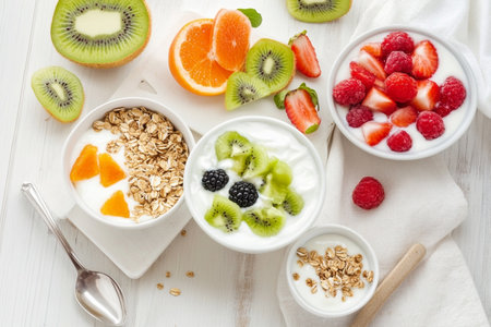 Yogurt with fresh fruit and granola on white wooden background, top viewの素材