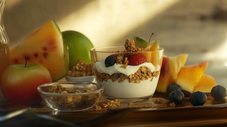 Healthy breakfast with granola, yogurt and fresh fruits on wooden tableの素材