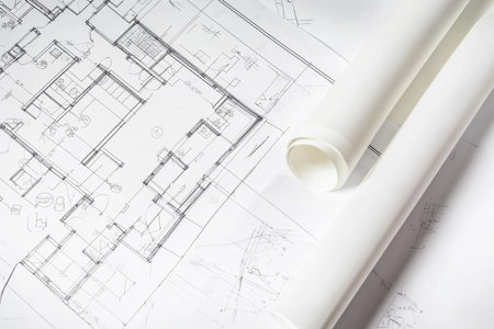Architectural plans and rolls of blueprints on the table.の素材
