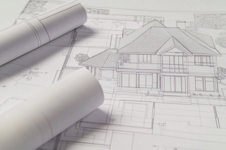 Architectural plans with rolls of blueprints and house model.の素材