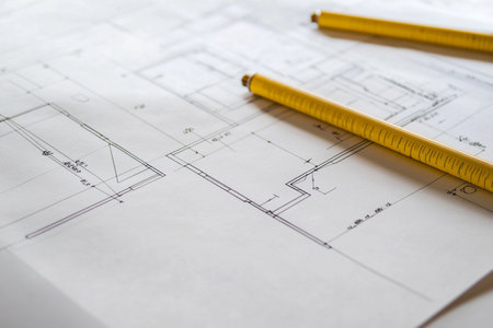 Architectural plans of a new house with a pencil and rulerの素材