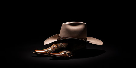 Cowboy hat and boots on a black background. 3d renderingの素材