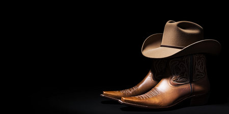 Cowboy boots and cowboy hat on black background with copy space.の素材