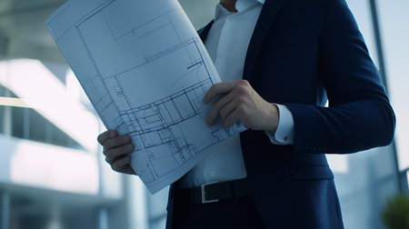 Architect working on blueprint in office, closeup. construction conceptの素材