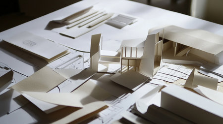Architectural project, model of the house and tools on the tableの素材