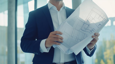 Close-up of male architect looking at blueprint while standing in officeの素材