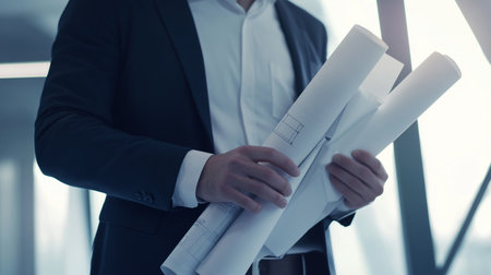 Close-up of male architect working with blueprints in office.の素材