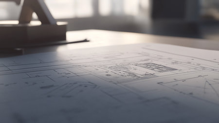 Architectural blueprints on table in office, 3d renderの素材