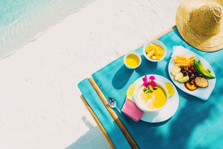 Top view of tropical breakfast on the white sand beach with copy spaceの素材
