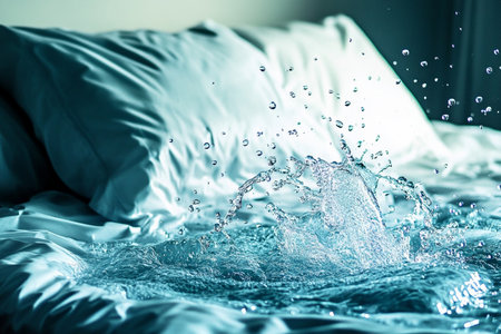 Water splash in bed. Water drops in bed. Blue tone.の素材