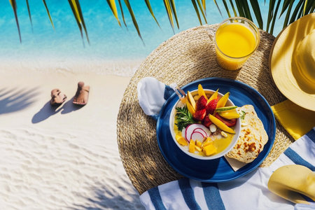 top view of delicious breakfast with fruits and orange juice on tropical beachの素材