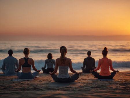 Group of young people practicing yoga on the beach at sunrise. yoga conceptの素材