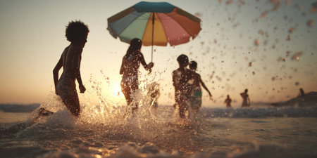 Group of kids playing on the beach at the day time. Concept of friendly family.の素材