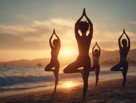 Silhouettes of women practicing yoga on the beach at sunset.の素材