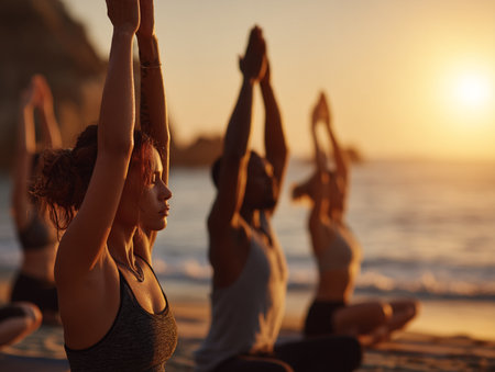 Group of women practicing yoga on the beach at sunset. Yoga concept.の素材