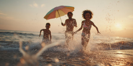 Group of friends having fun on the beach at sunset. Multi-ethnic group of young people having fun outdoors.の素材