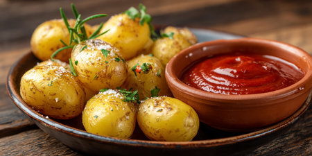 Baked potatoes with herbs and ketchup on wooden table, closeupの素材