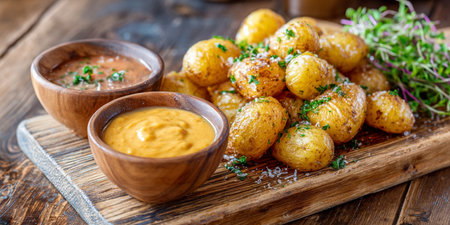 Baked potatoes with sauce and herbs, rustic style, selective focusの素材