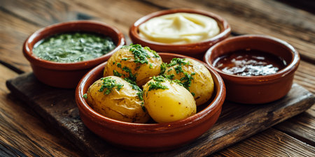 Boiled potatoes with sauce on wooden background. Selective focus.の素材